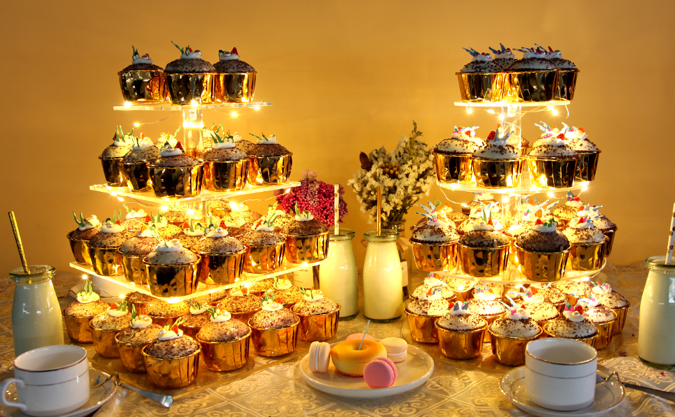 Vdomus 4 Tier Acrylic Cupcake Stand Pastry Stand with LED String Lights