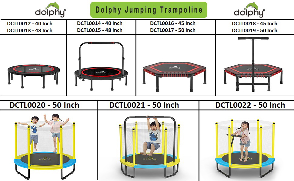 DOLPHY Trampoline with Enclosure Net adjustable handrail for kids Exercise fitness cardio trainer