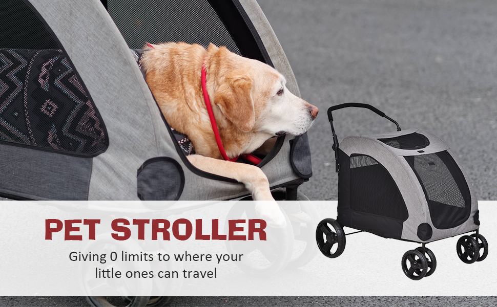 PawHut 4 Wheel Pet Stroller with Storage Basket, Afjustable Handle