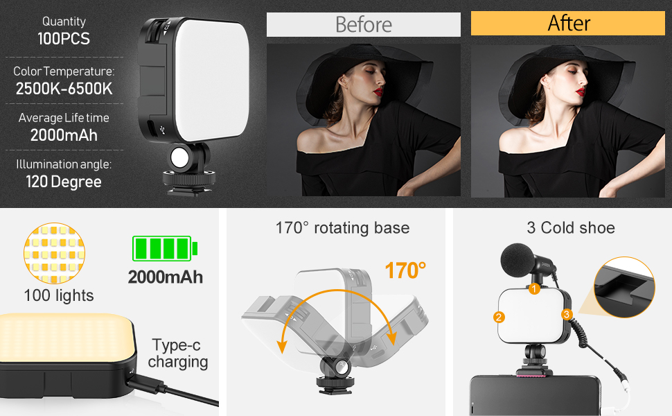 VIJIM VL100C BiColor LED Video Light on Camera,Mini Rechargeable 2000mAh LED