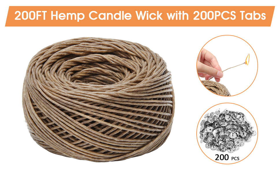Coitak 200FT Hemp Candle Wick with 200 PCS Metal Tabs