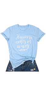 Women Happiness Comes in Waves Casual T-Shirt Short Sleeve Round Neck Cute Graphic Tee Top for Lady