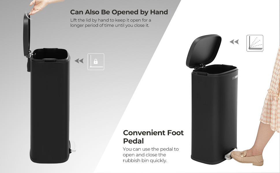 Songmics Kitchen Rubbish Bin, Pedal Trash Can 30L, With Plastic Inner Bucket, Hinged Lid, Soft Closure, Odour Proof And Hygienic, Black LTB03BK 11 LTB03BK/