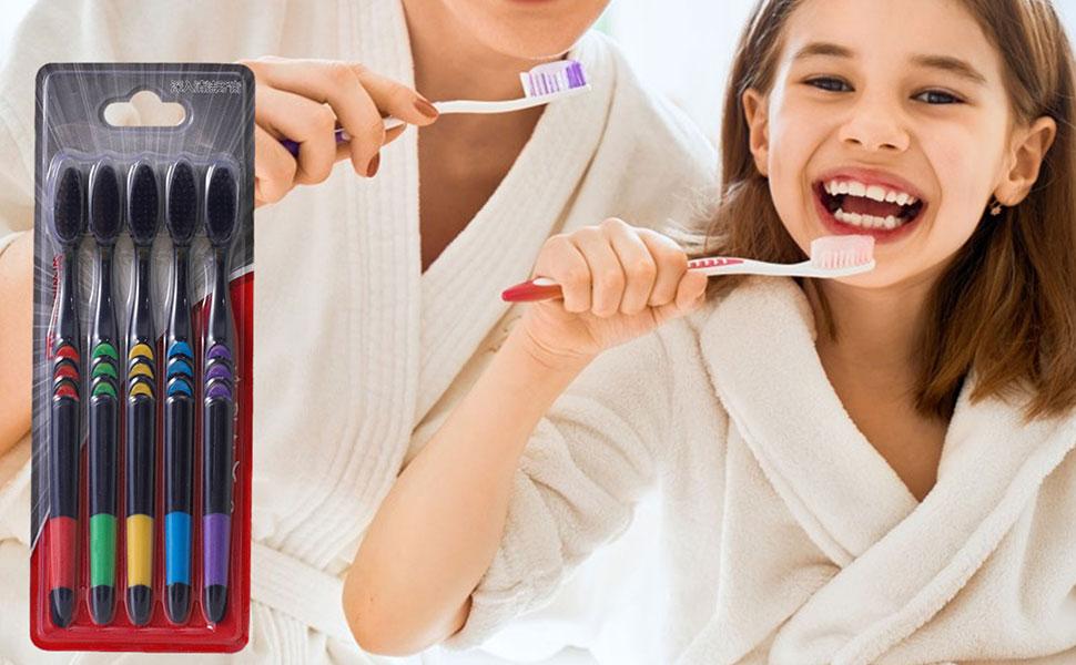 Weiche Zahnbürsten,Bambuskohle-Zahnbürsten, 5 Stück Kohlezahnbürsten mit weichen Borsten für