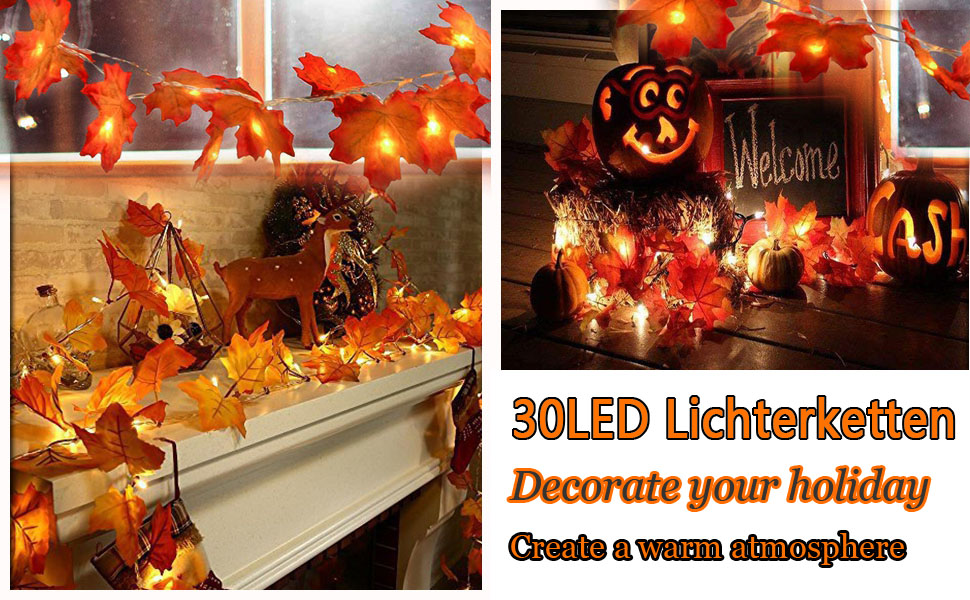 Ahornblätter Lichterketten,3M 30LED Herbst Blättergirlande 8 Modis (mit