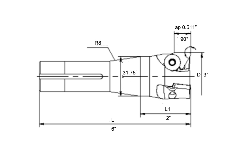 OSCARBIDE Indexable End Mill,R8 Shank,3"Cutting Diameter,6"Overall Length,90 Degree,5 Flutes
