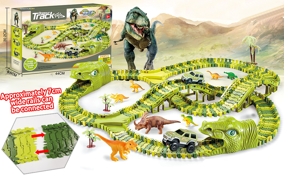 Dinosaur Race Track Car Toy Set - 240 Pcs Flexible Train Tracks with 8