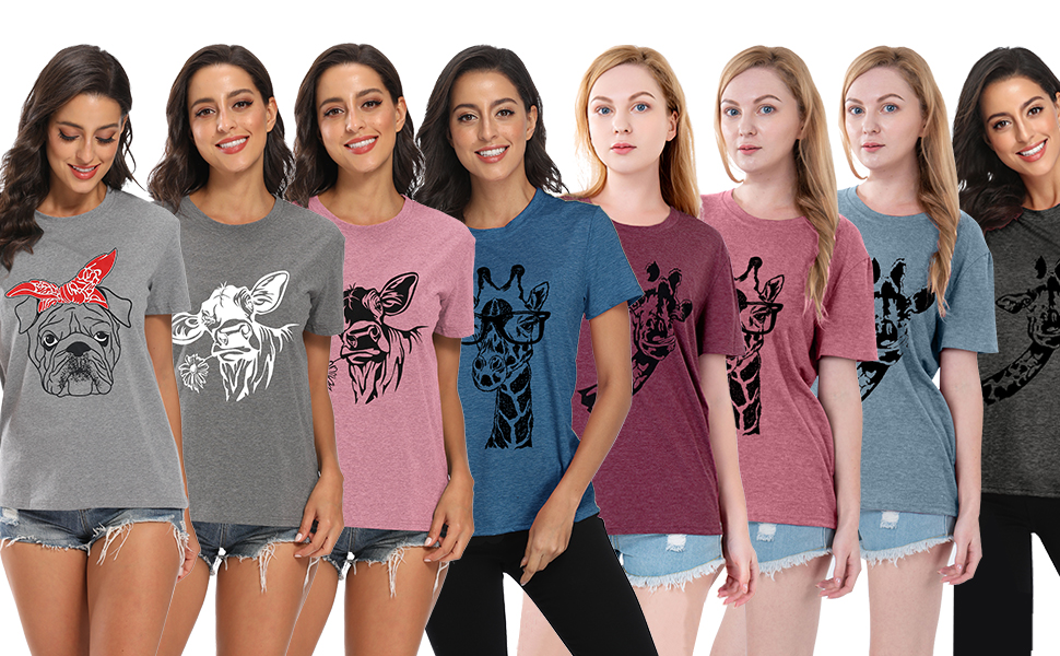 Women's Fun Animal Graphic Tees Casual Short Sleeve Summer Cute Giraffe Printed T-Shirt Tops