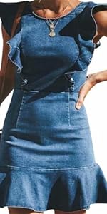 MYHALF Women's Casual Round Neck Ruffle Trim Sleeveless Denim A Line Mini Dress