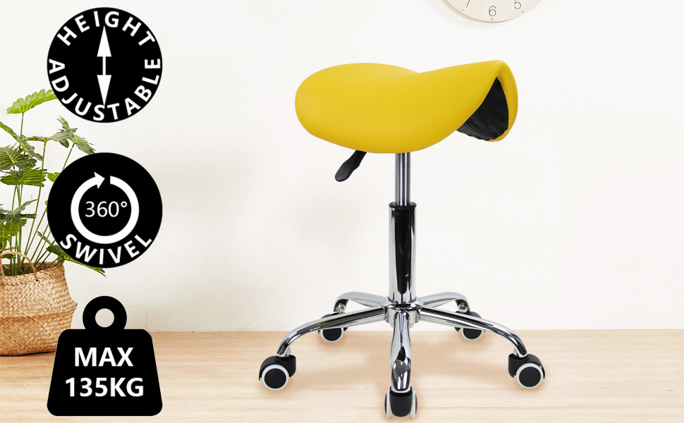 KKTONER Rolling Saddle Stool PU Leather Swivel Adjustable Rolling Stool