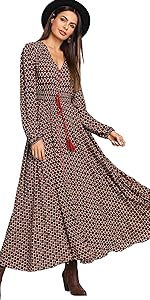 women vintage retro print casual long sleeves maxi dresses a line flowy flared vacation dress
