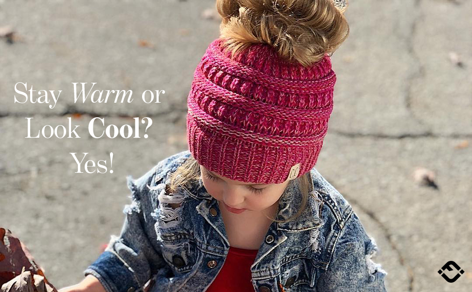 Funky Junque Exclusives Beanietail Girls Beanie Kids Ponytail Hat Messy Bun Cap