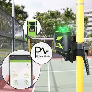 Huepar 3x360 Niveau Laser Vert Avec Bluetooth Avec Perche Télescopique Laser De 3,7m, Auto-nivellement Commutable Trois Lignes Laser à 360°, Niveau Laser Avec Mode Pulsé, Lunettes Incluses - 603LP 12 Mode impulsion: ●Appuyez brièvement sur le bouton "PULSE" pour activer / désactiver le mode d'impulsion. ●Lors de la connexion avec Huepar APP, le mode d'impulsion peut être activé / désactivé via APP. ●Le mode impulsion étend la plage de travail jusqu'à 60 m lors de l'utilisation avec le détecteur laser Huepar (ASIN: B07GVC2XD9) dans des conditions de lumière vive ou en extérieur. ●Il est compatible avec le détecteur laser Huepar LR-6RG / LR-5RG uniquement.