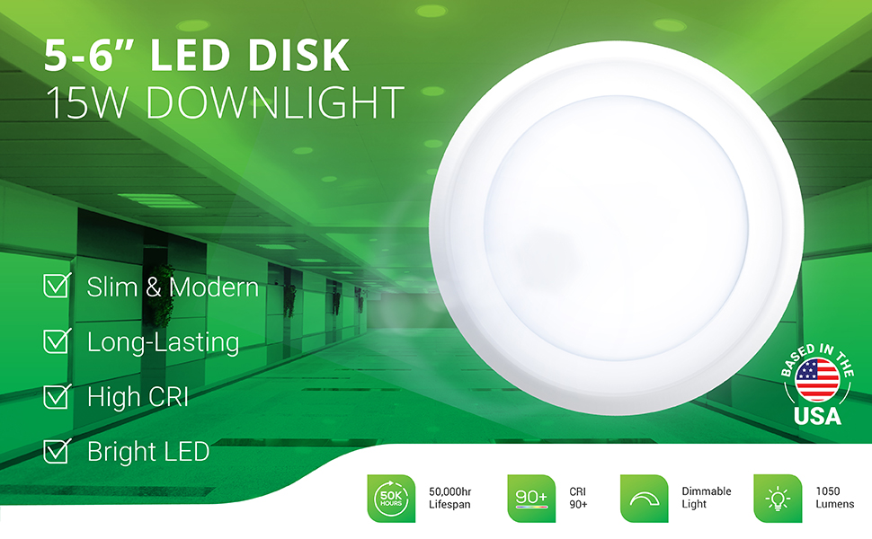 5/6 Inch Flush Mount Disk LED Downlight, Dimmable, Junction Box, Recessed Retrofit Ceiling Fixture