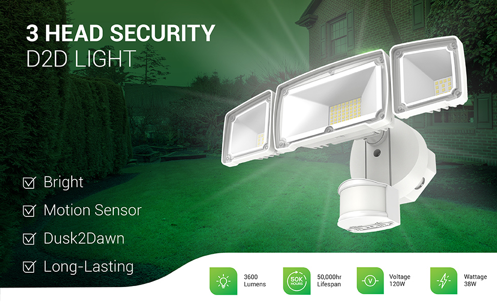 LED Flood Light 3 Head Outdoor Security Fixture Waterproof Photocell PIR Motion Activated Sensor