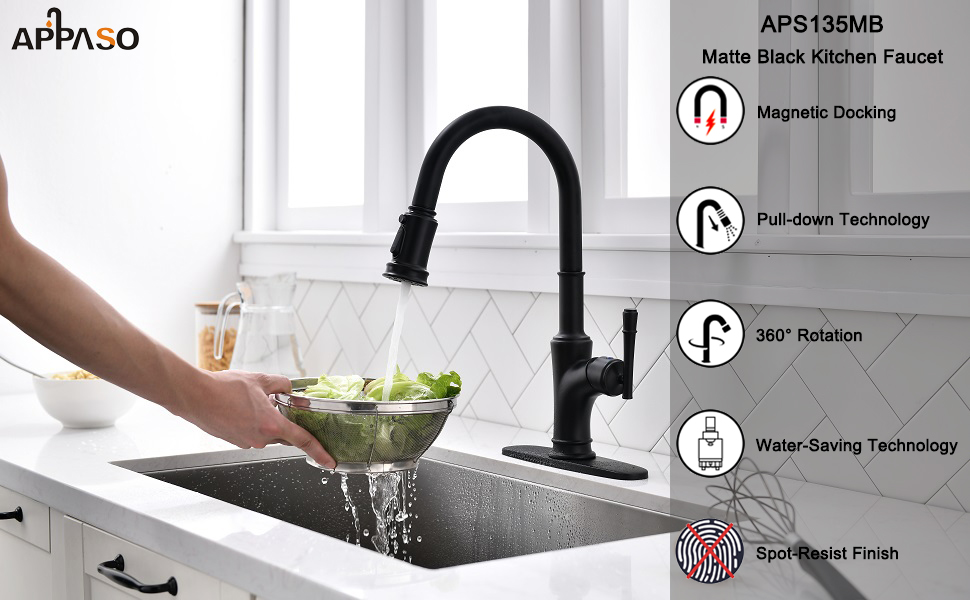 APPASO Single Handle Pull Down Kitchen Sink Faucet with Magnetic Docking Sprayer, Matte Black