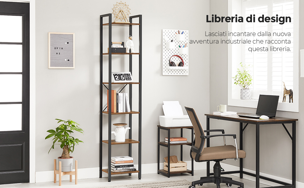 VASAGLE Libreria A 6 Ripiani, Scaffale Per Libri, Libreria Da Terra, Mensole Per Ufficio Studio Soggiorno Camera Da Letto Cucina, 40 X 30 X 187,5 Cm, Industriale, Marrone Vintage E Nero Da SONGMICS 11 1