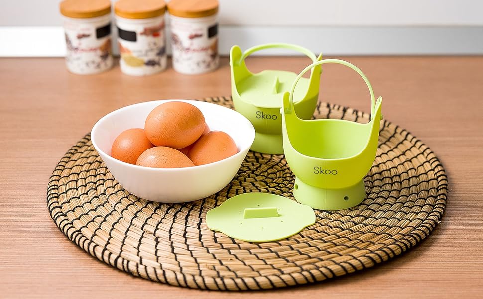 Egg Poacher Skoo Silicone Egg Poaching Cups + Lids Egg Cooker Set Perfect Poached Egg