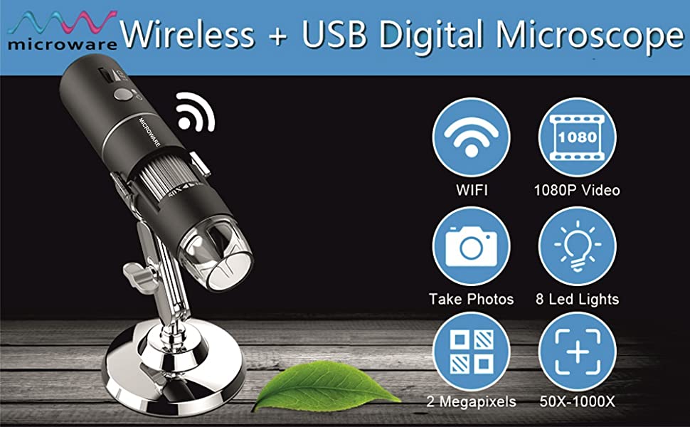 Microware Wireless Digital Microscope 50X1000X 1080P Handheld Portable Mini WiFi USB Microscope