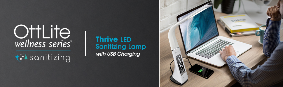 Thrive LED Sanitizing Desk Lamp with Clock and USB Charging