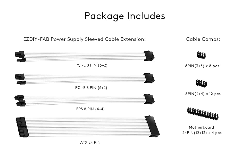 EZDIYFAB Sleeved Cable Cable extension for Power Supply 24 Pin/ 8pin