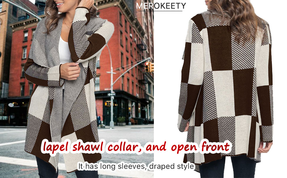 MEROKEETY Womens Plaid Long Sleeve Lapel Collar Drape Knit Cardigan