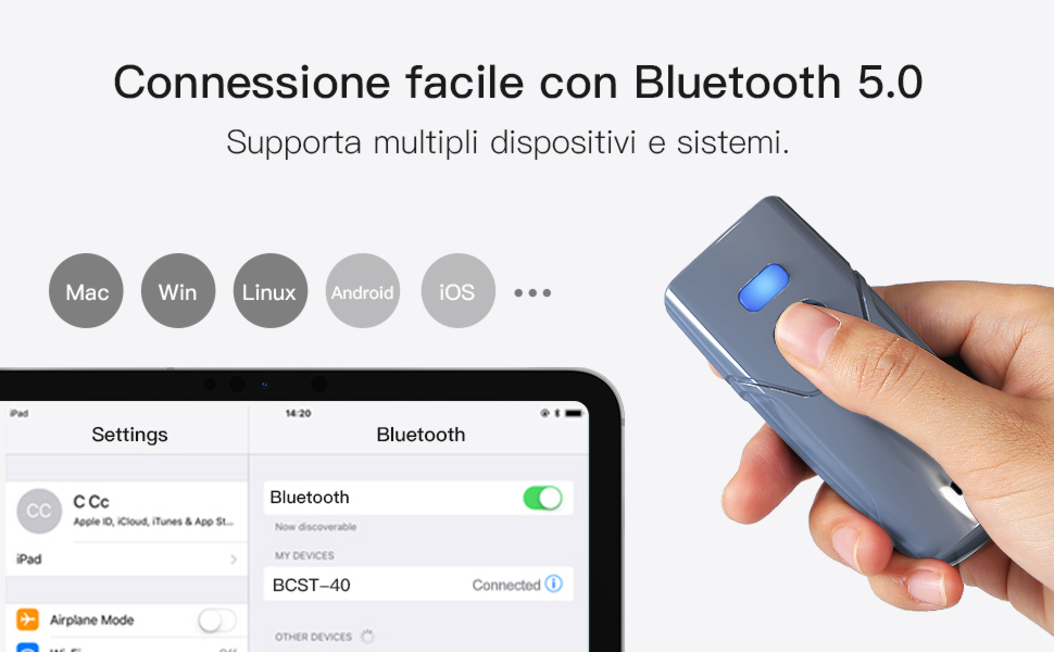 Inateck Lettore di codici a barre wireless 2D 1D, Bluetooth 5.0