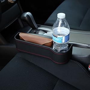 Black Leather Console Side Pocket Organizer, Car Seat Catcher w/Cup Holder