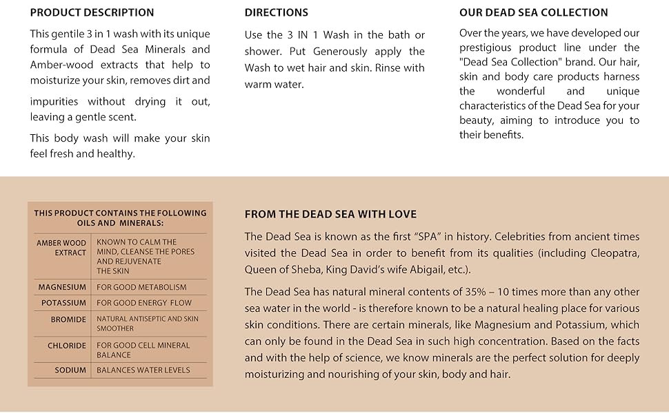 Dead Sea Collection, Natural minerals, Amber-wood oil, hair care, skincare, body wash, shampoo