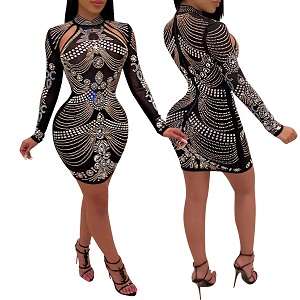 PORRCEY Women's sexy hot diamond craft long-sleeved dress body party club night out dress