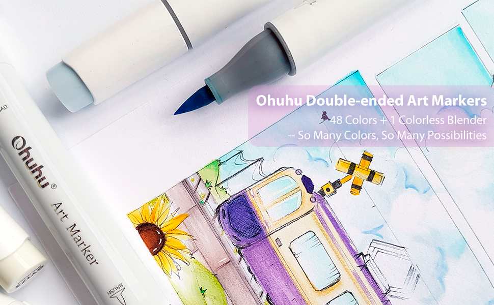 Ohuhu 48 Alcohol Brush Markers, Alcoholbased Double Nibs Brush & Fine, Sketch Markers for Kids