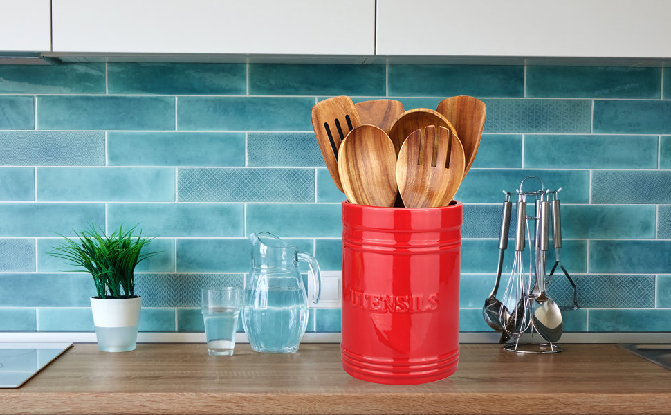 Large Red Utensil Holder Ceramic Utensil Crock Kitchen