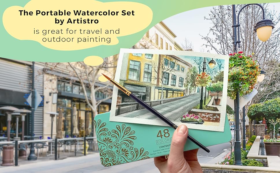ARTISTRO Watercolor Paint Set, 48 Vivid Colors in Portable Box, Including Palette Metallic and