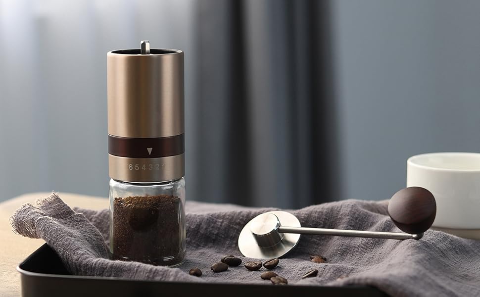 Vevouk Manual Gold Coffee Mill, 6 Coarseness Seetings, CNC Stainless