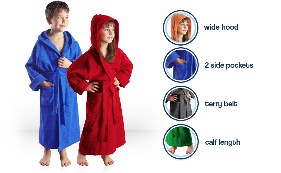 Children's bathrobe wide hood 2 pockets belt calf length girls boys small large.