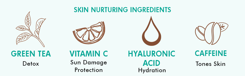 ingredients green tea detox vitamin c sun damage protection hyaluronic acid caffeine tones skin
