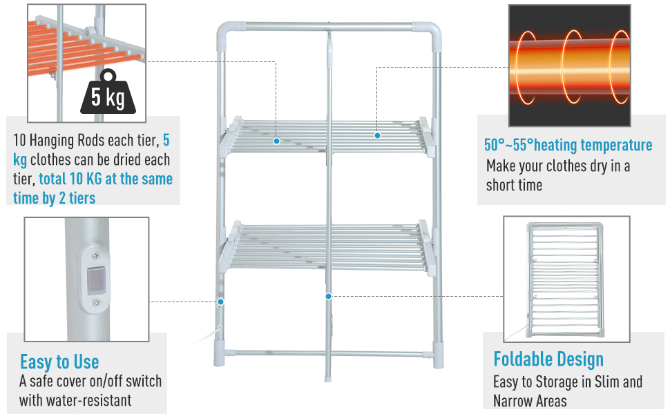 Electric Cloth Airer 2 Tier Heater Quick Dry Standing Warmer
