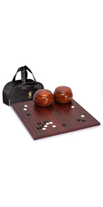  Dark Cherry Veneer Go Game Set Board w/ Single Convex Stones and Jujube Bowls