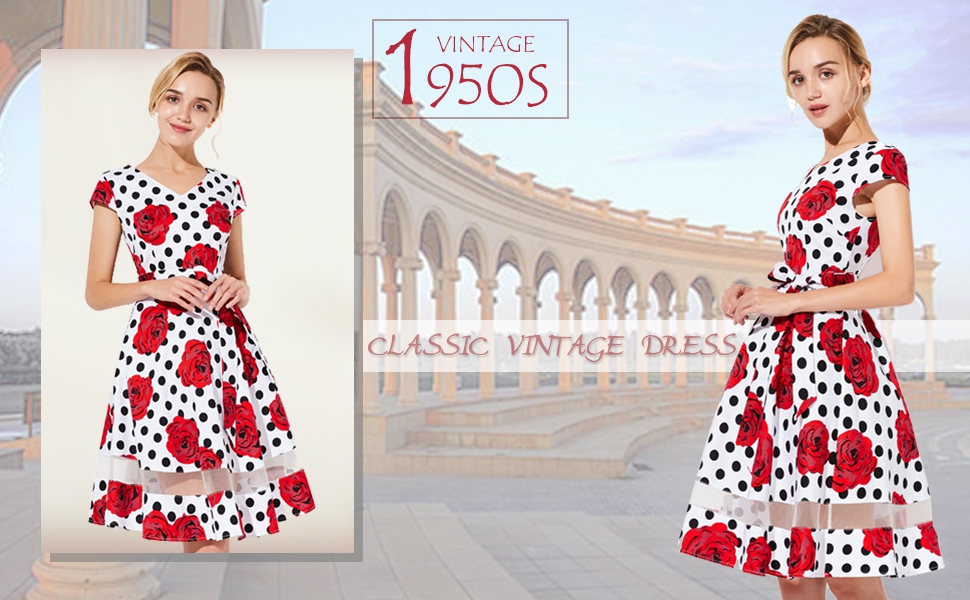 Gardenwed Vintage 1950's Swing Dress Cap-Sleeve Tea Party Rockabilly Cocktail Dresses for Women