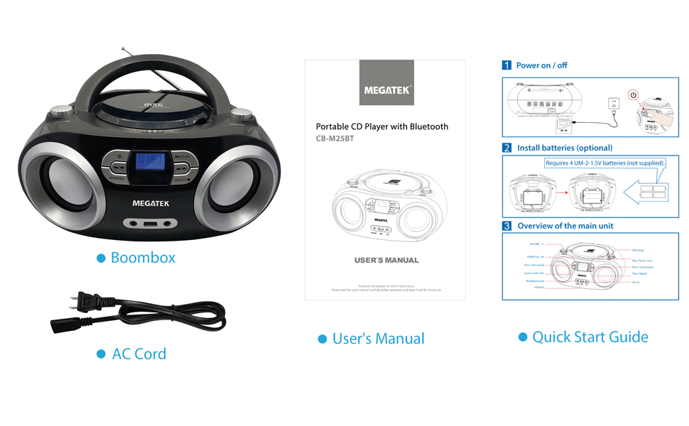 Megatek CBM25BT Portable CD Player Boombox with FM Stereo Radio