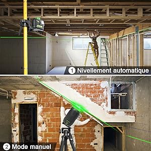 Huepar 3x360 Niveau Laser Vert Avec Bluetooth Avec Perche Télescopique Laser De 3,7m, Auto-nivellement Commutable Trois Lignes Laser à 360°, Niveau Laser Avec Mode Pulsé, Lunettes Incluses - 603LP 13 Pendule intelligent: ●En mode auto-nivelant: Lorsque l'outil dépasse la plage d'autocalage (±3,5°), une icône de niveau s'affiche pour rappeler. À l'heure actuelle, l'outil laser ne fonctionne pas correctement. ●En mode manuel: Lors de la connexion avec Huepar APP, une icône de verrouillage s'affiche pour rappeler à l'utilisateur qu'il est maintenant en mode manuel. ●Veuillez comprendre qu'en raison de la conception du pendule à gravité, l'outil laser ne peut pas être allumé / éteint via Bluetooth APP. Le mode de mise à niveau automatique et le mode manuel ne peuvent pas être commutés entre eux via Bluetooth APP.