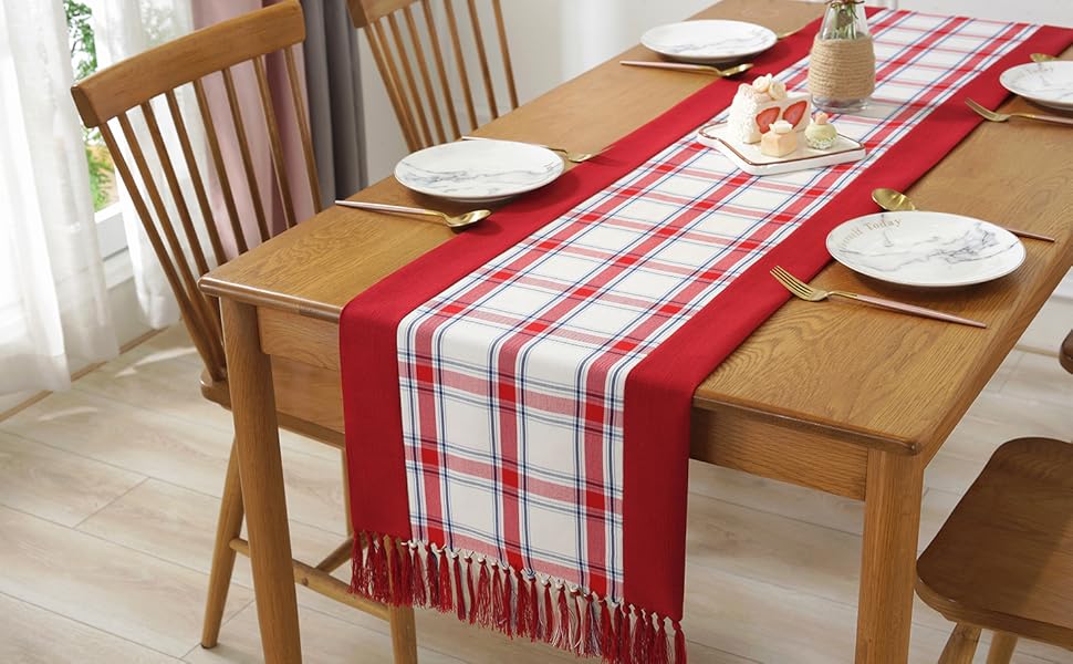15 x 90 inch Buffalo Checks Linen Table Runner with Handmade Fringed, Rustic