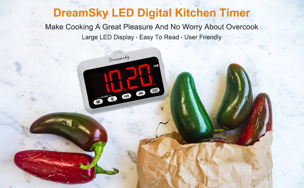 DreamSky Digital Kitchen Timer with Large Red LED Display, Count Up