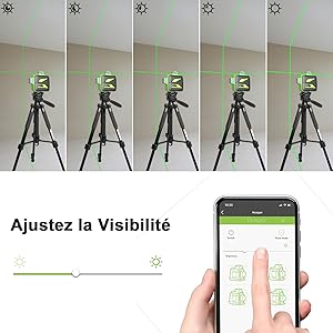 Huepar 3x360 Niveau Laser Vert Avec Bluetooth Avec Perche Télescopique Laser De 3,7m, Auto-nivellement Commutable Trois Lignes Laser à 360°, Niveau Laser Avec Mode Pulsé, Lunettes Incluses - 603LP 11 Réglage de la visibilité: ●La visibilité / luminosité du faisceau laser peut être ajustée en se connectant à l'application Huepar. ●Faites glisser la barre de luminosité sur la luminosité dont vous avez besoin. ●La fonction de réglage de la luminosité n'est pas applicable après l'activation du mode impulsion.