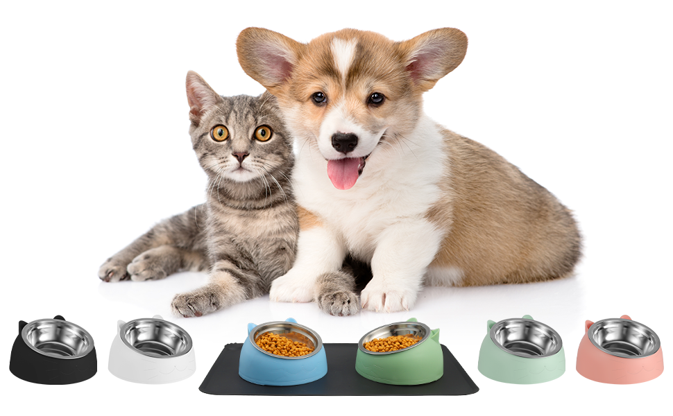 6 Pcs Mess Free 15° Slope Dog Water Bowl with 3 Pcs Non-Slip Dog Food Mat