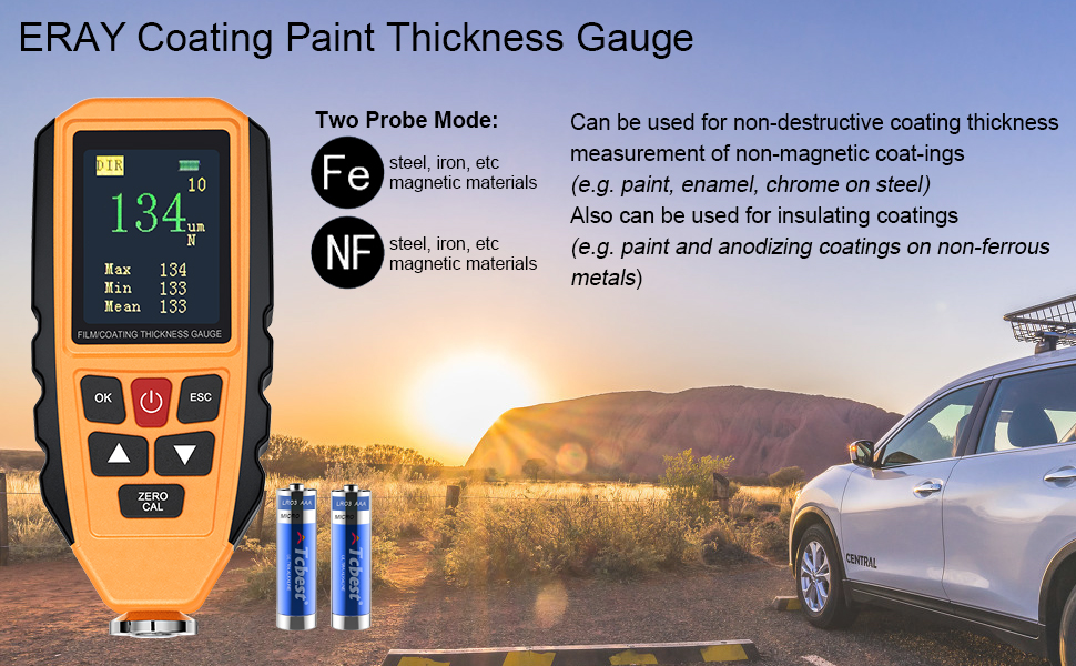 ERAY Digital Paint Coating Mil Thickness Gauge Meter with Backlight Color LCD Display for Car