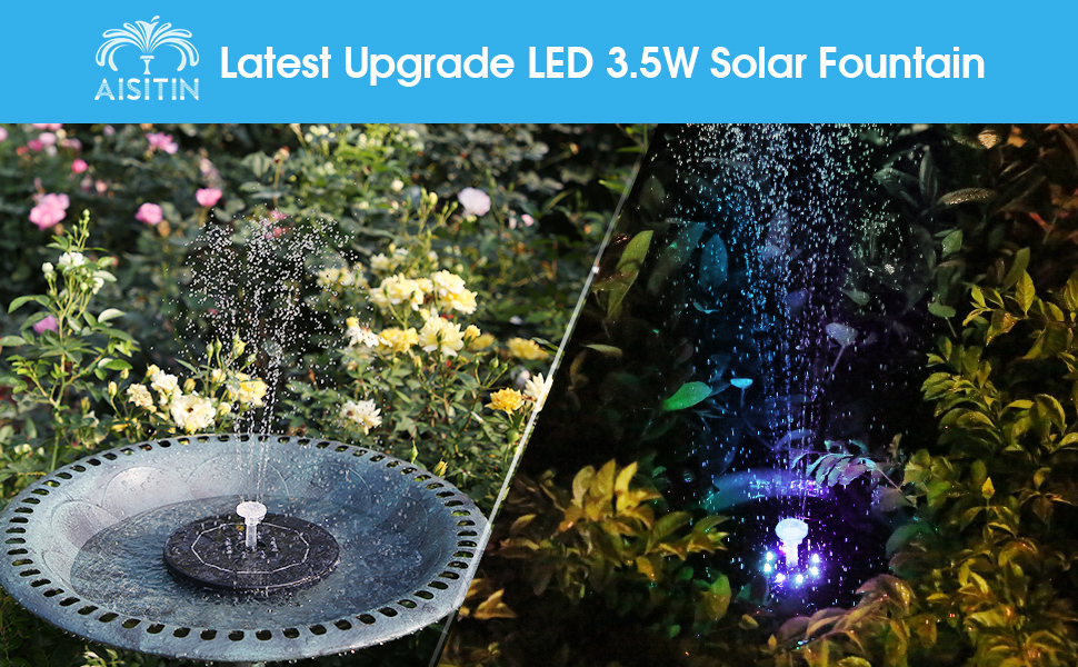 AISITIN 3.5W LED Solar Fountain 7.1in 3000mAh Builtin Battery Solar