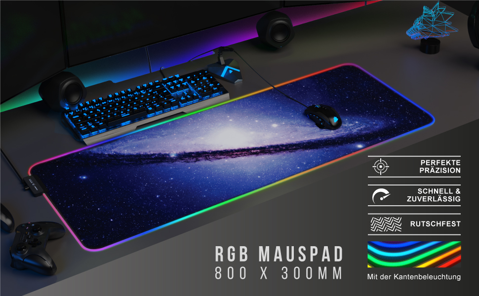 Titanwolf RGB Gaming LED Multi Color Effektmodi Gummierte Unterseite abwaschbar Mauspad Galaxy