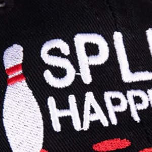 split happens embroidered in white and red thread with bowling pins on a black baseball dad hat