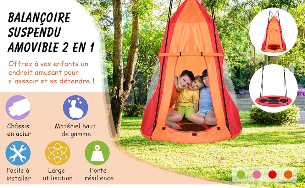 COSTWAY Balançoire Nid D’Oiseau Ø100CM Avec Tente Charge Maximal 150KG Pour Enfants Et Adultes Hauteur Réglable De 100 à 160CM Orange 10 1